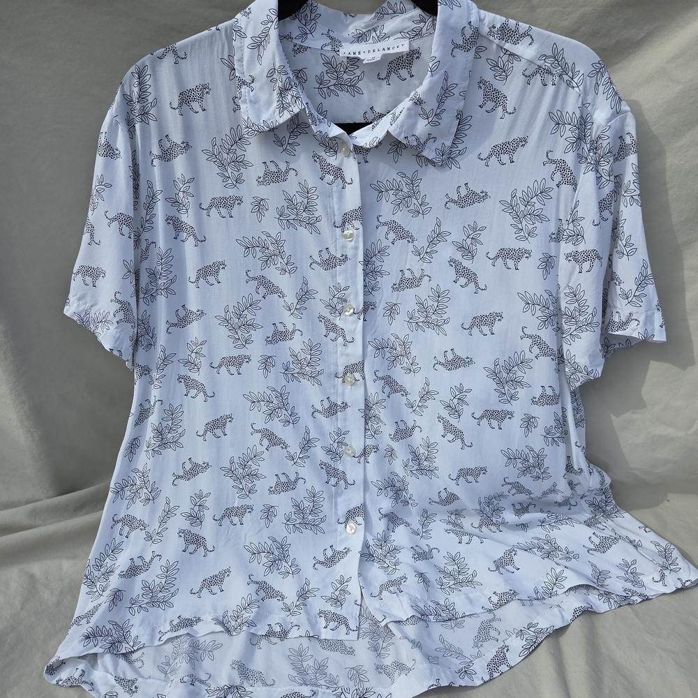 White Button-Up Shirt with Tiger Print